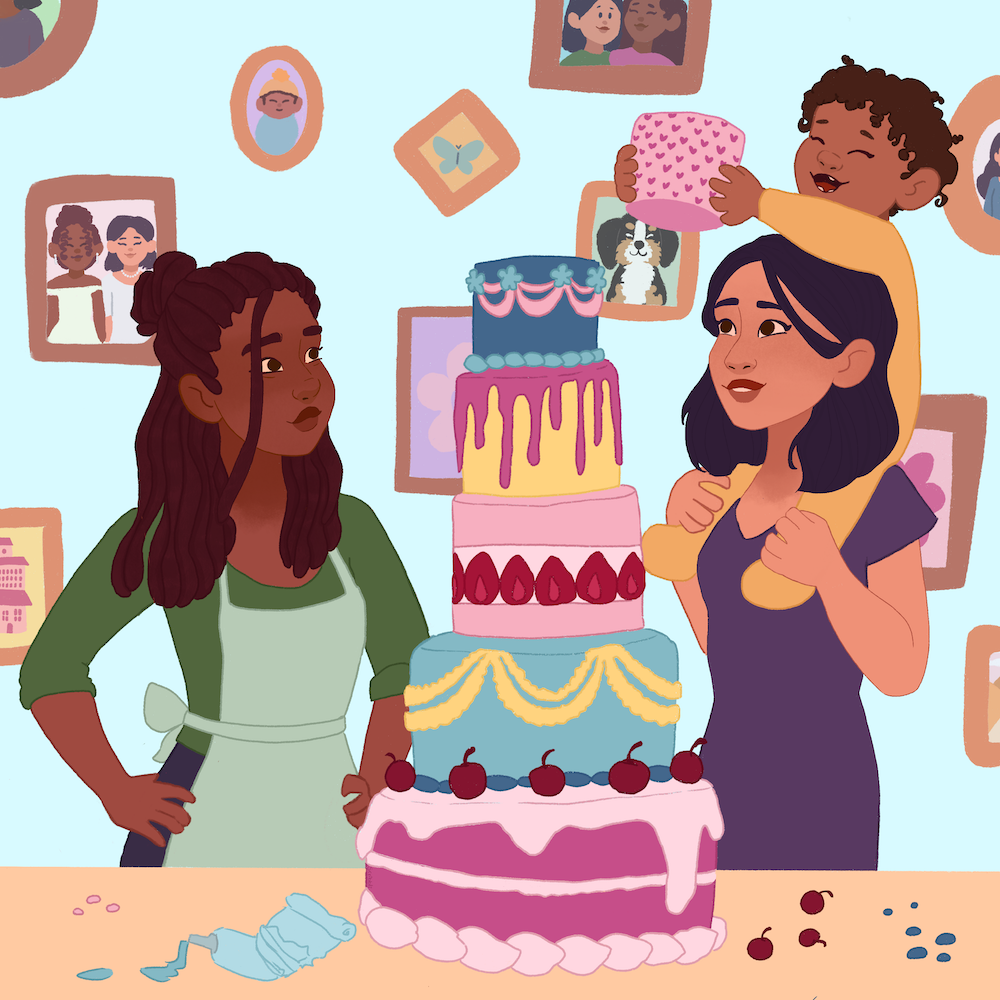 illustration of two mothers decorating a very tall cake with their toddler