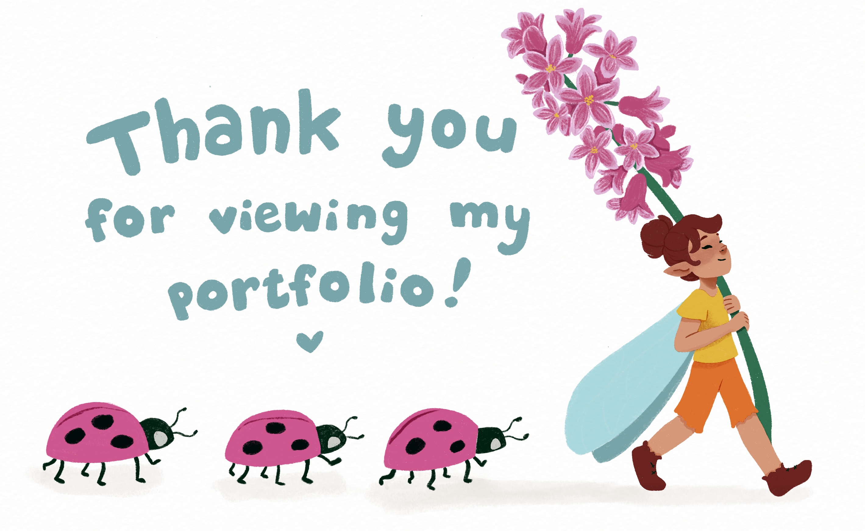 illustration of a fairy carrying a flower followed by a line of ladybugs
