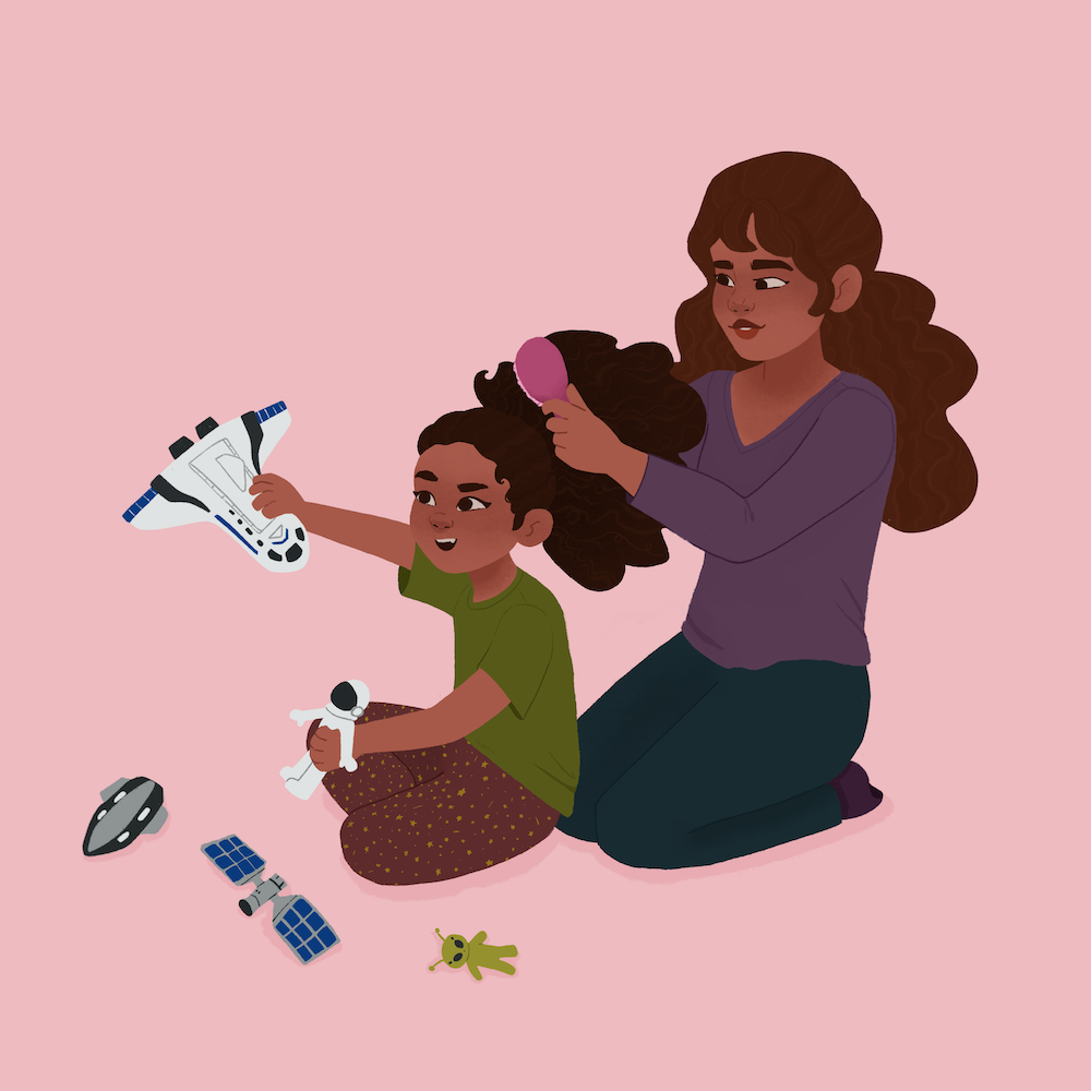 illustration of a mother brushing her daughter's hair, the daughter is playing with an astronaut doll and a toy spaceship