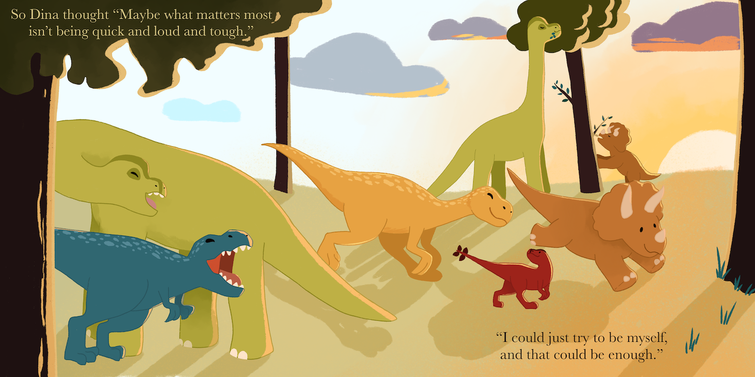 illustration of various dinosaurs playing while the sun sets in the background