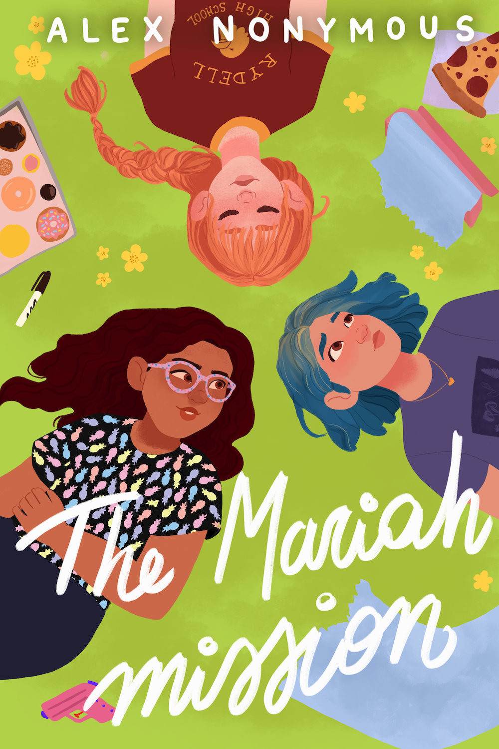 illustration of three characters lying on a grassy field, one character has short blue hair, one has braided red hair and one has glasses and wavy brown hair.