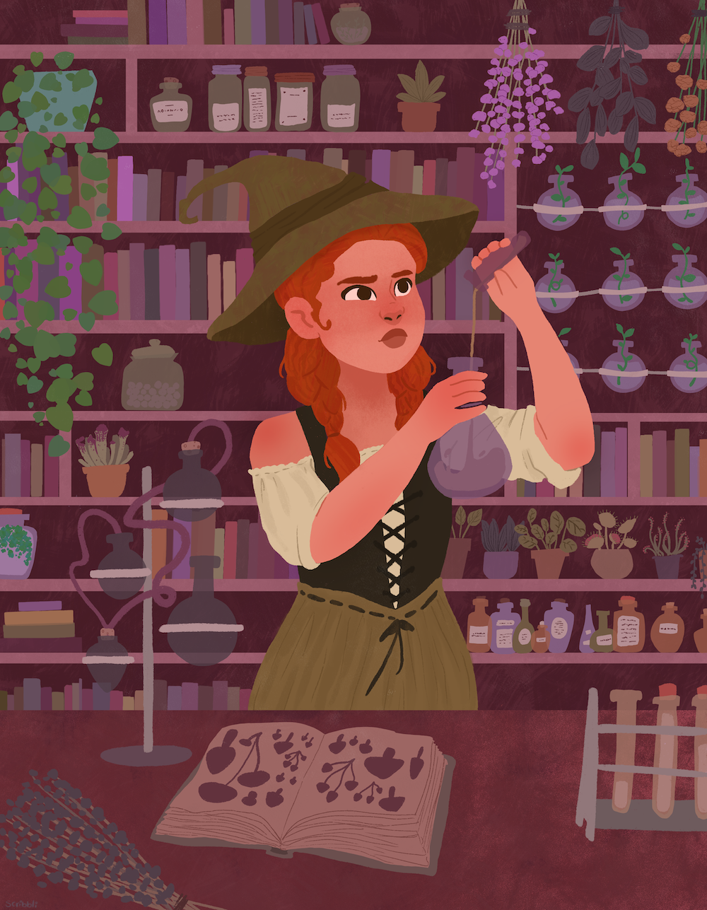 illustration of a witch preparing a potion with a bookcase filled with plants and potions in the background